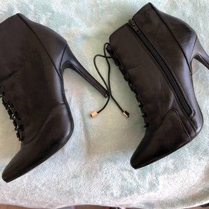 Black Leather Lace-Up Booties with Zipper